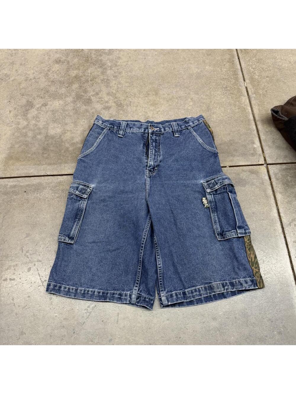 vintage jordache relaxed baggy fit faded blue camo lined jean shorts jorts 32